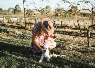 Woman patting the resident wine dog at Blueberry Hill Wines, Rothbury