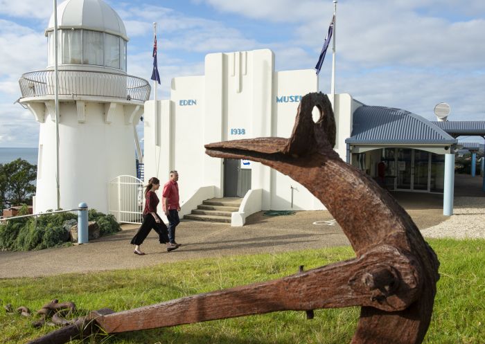 Couple enjoying the sights around the Eden Killer Whale Museum in Eden, Sapphire Coast