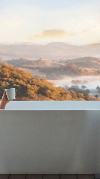 Enjoying the outdoor bath in the Sierra Escape - Mudgee