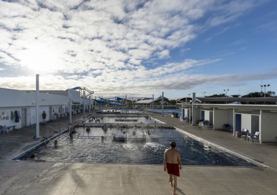 People enjoying a visit to the Moree Artesian Aquatic Centre in Moree, Country NSW