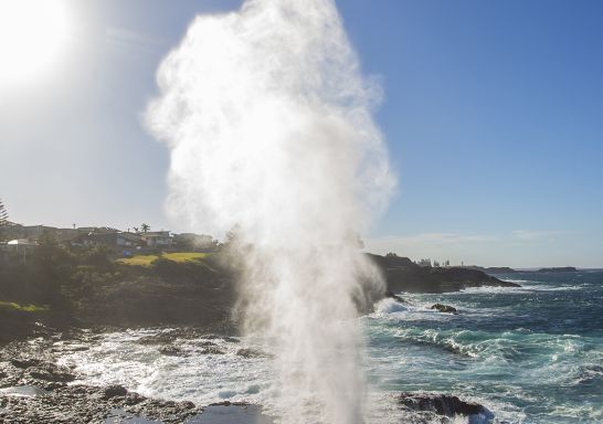 Water plume spouting from the Kiama blowhole in Kiama, South Coast